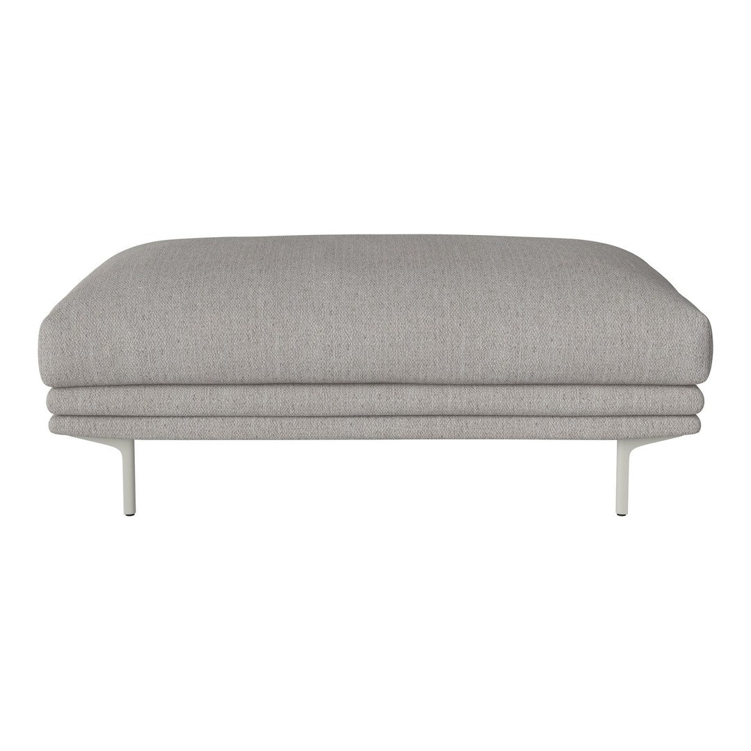 Gray upholstered sofa with a smooth, minimalist design and subtle texture, complemented by sleek metal legs.