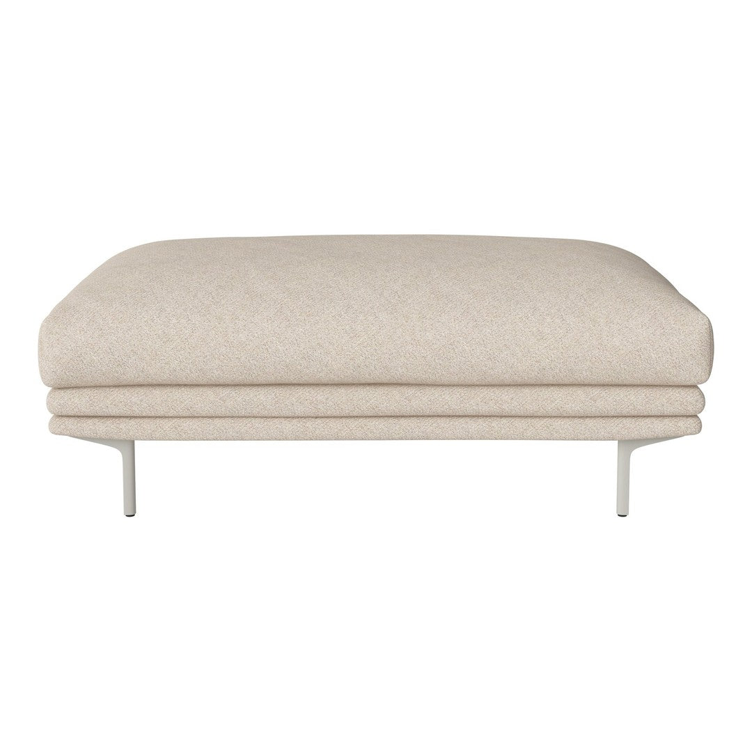Neutral beige upholstered ottoman with subtle texture and sleek metal legs, perfect for modern decor.