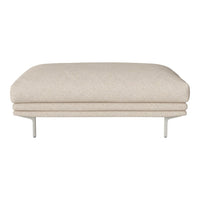 Neutral beige upholstered ottoman with subtle texture and sleek metal legs, perfect for modern decor.
