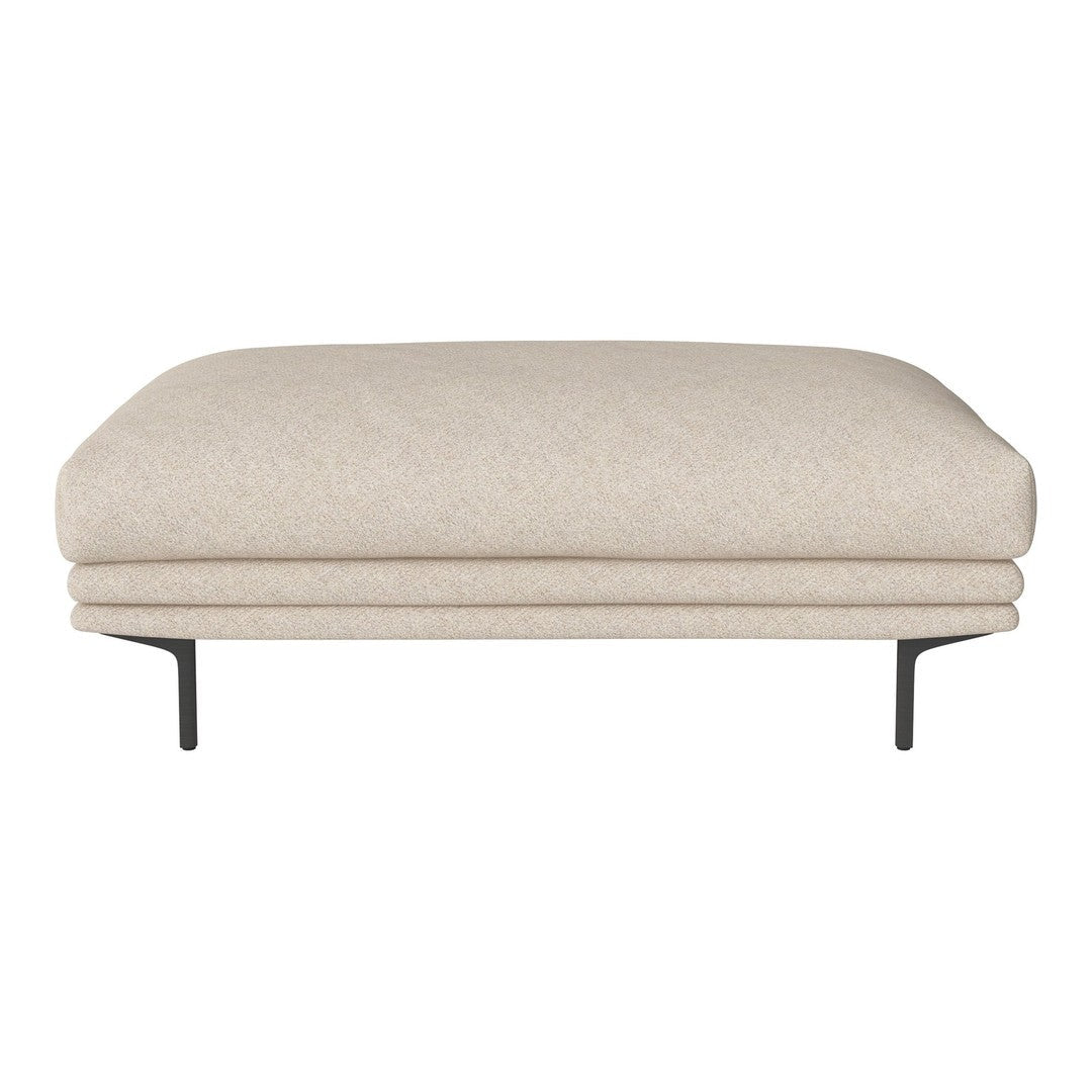 Light beige ottoman with a smooth texture and minimalistic design, featuring sleek black metal legs.