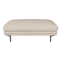 Light beige ottoman with a smooth texture and minimalistic design, featuring sleek black metal legs.