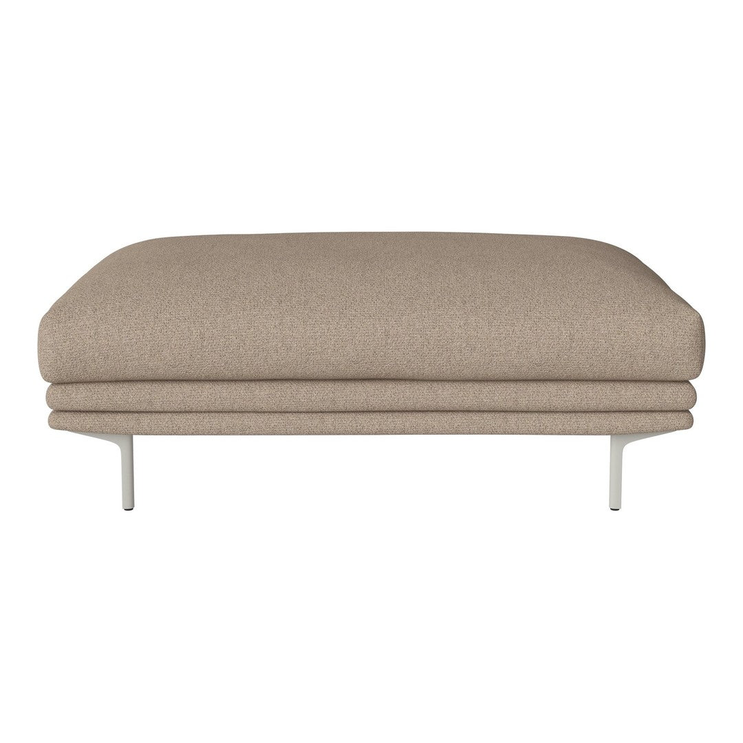Beige upholstered ottoman with a smooth texture and minimalist design, featuring sleek metallic legs.