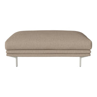 Beige upholstered ottoman with a smooth texture and minimalist design, featuring sleek metallic legs.