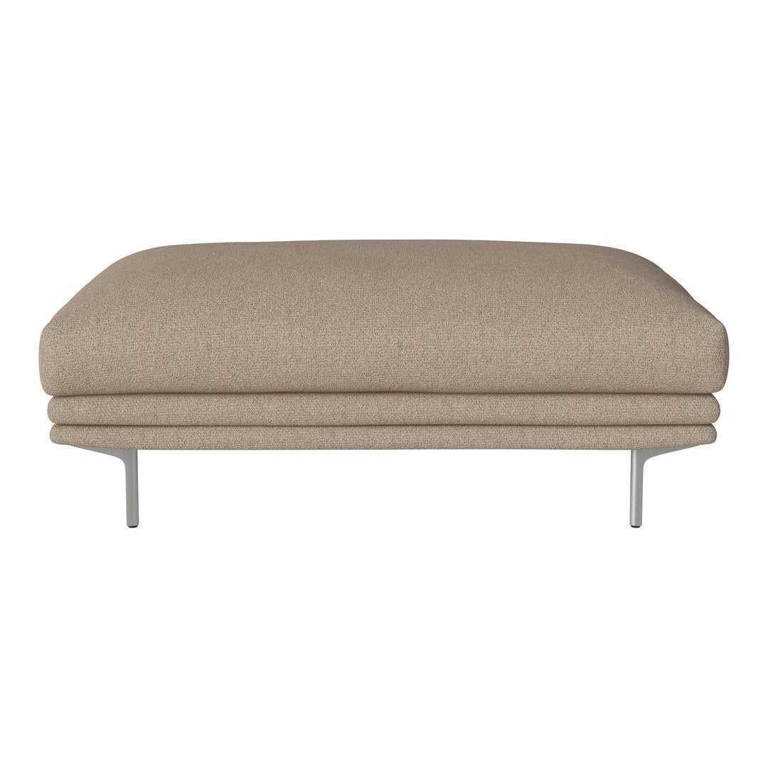 Beige upholstered ottoman with a smooth, neutral texture and minimalist metal legs for a modern look.