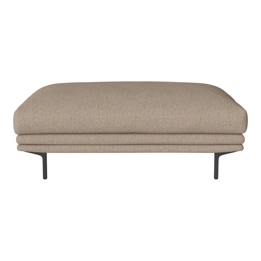 Beige cushioned ottoman with subtle texture on sleek black metal legs. Elegant and modern design for any space.