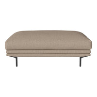 Beige cushioned ottoman with subtle texture on sleek black metal legs. Elegant and modern design for any space.