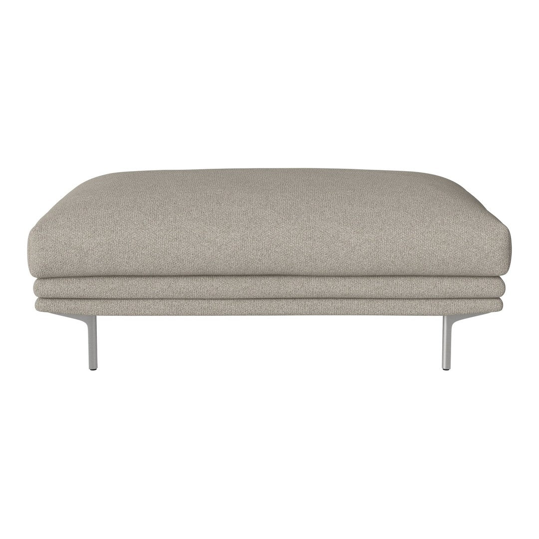 Beige upholstered ottoman with a smooth, minimalist design and sleek metallic legs. Perfect for modern interiors.