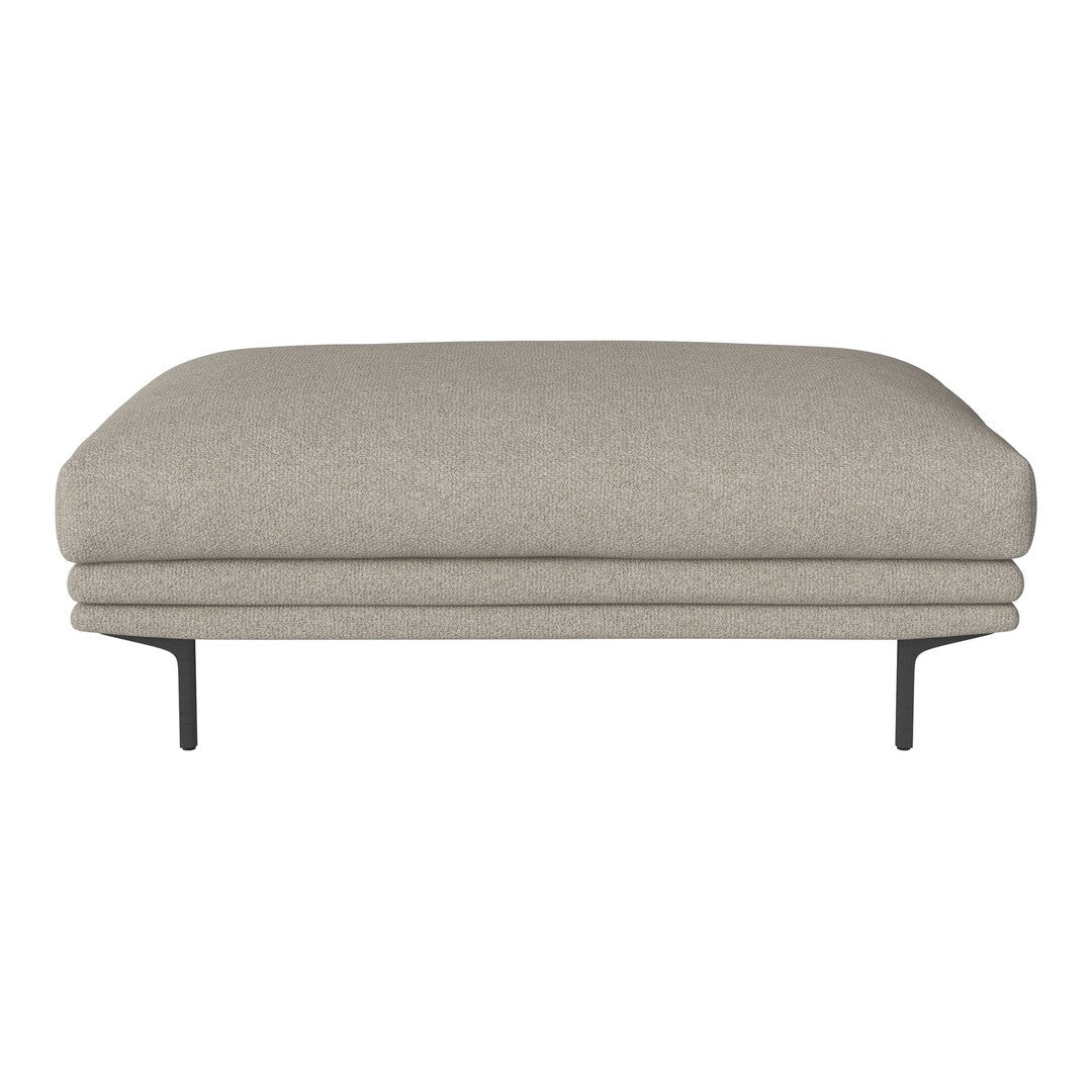 Light gray upholstered ottoman with a smooth texture, featuring a minimalist design and sleek black metal legs.