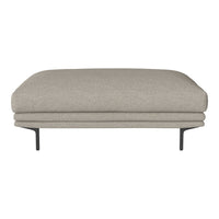 Light gray upholstered ottoman with a smooth texture, featuring a minimalist design and sleek black metal legs.
