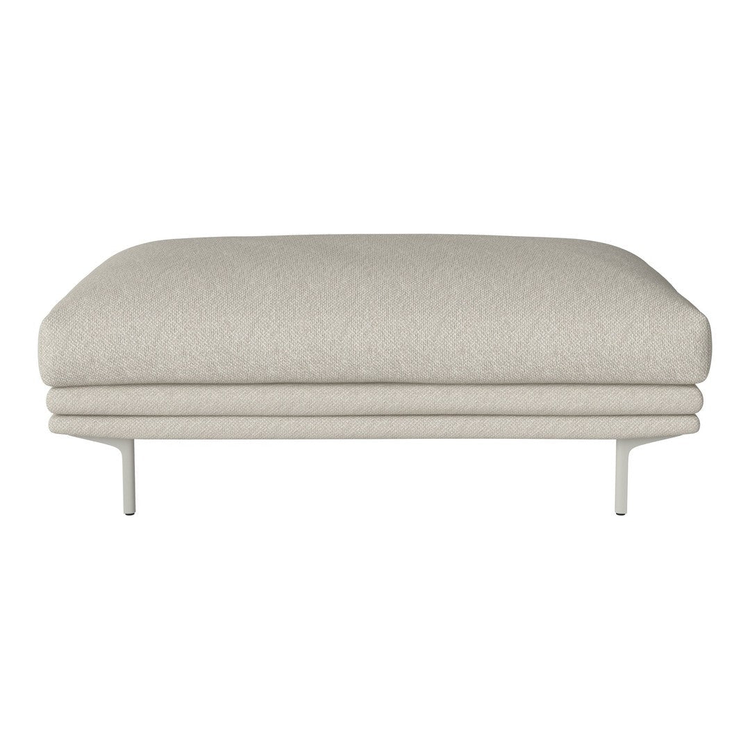 Light beige upholstered ottoman with subtle texture and clean, minimalist design. Perfect for modern decor.