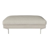 Light beige upholstered ottoman with subtle texture and clean, minimalist design. Perfect for modern decor.