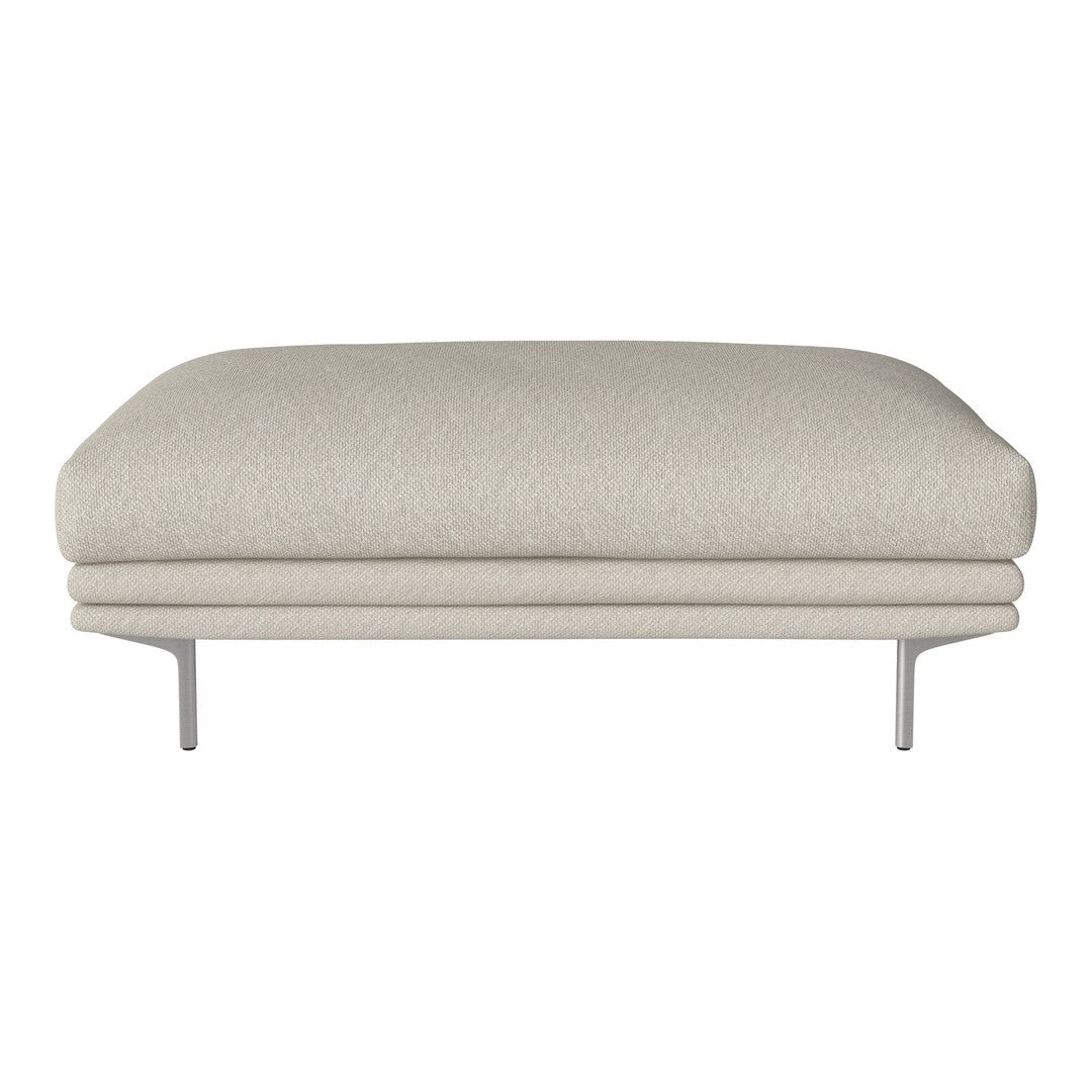 Light beige upholstered ottoman with smooth texture and minimalist design on metallic legs. Perfect for modern decor.