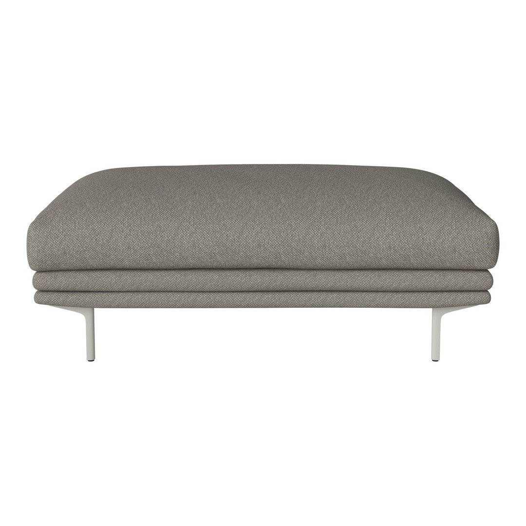 Gray upholstered ottoman with a smooth, minimalist design and sleek metal legs. Ideal for modern interiors.