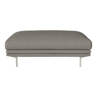 Gray upholstered ottoman with a smooth, minimalist design and sleek metal legs. Ideal for modern interiors.