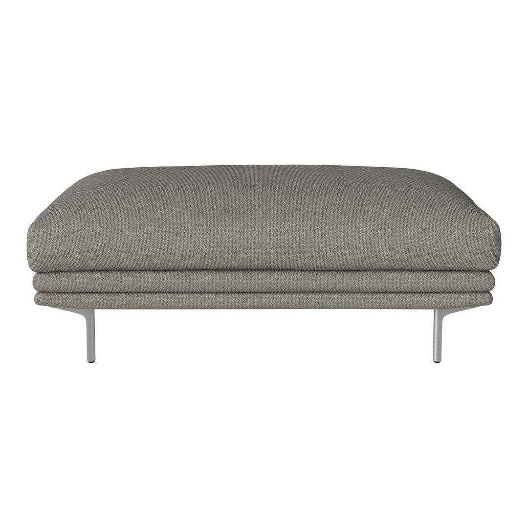 Gray upholstered ottoman with a smooth, minimalist design and slender metal legs. Perfect for modern interiors.