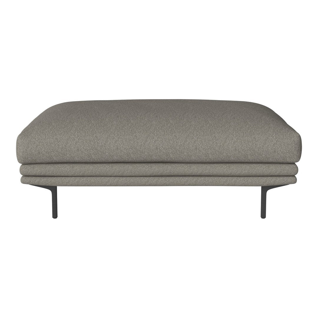 Gray upholstered ottoman with a smooth texture and minimalist black metal legs. Perfect for modern decor.