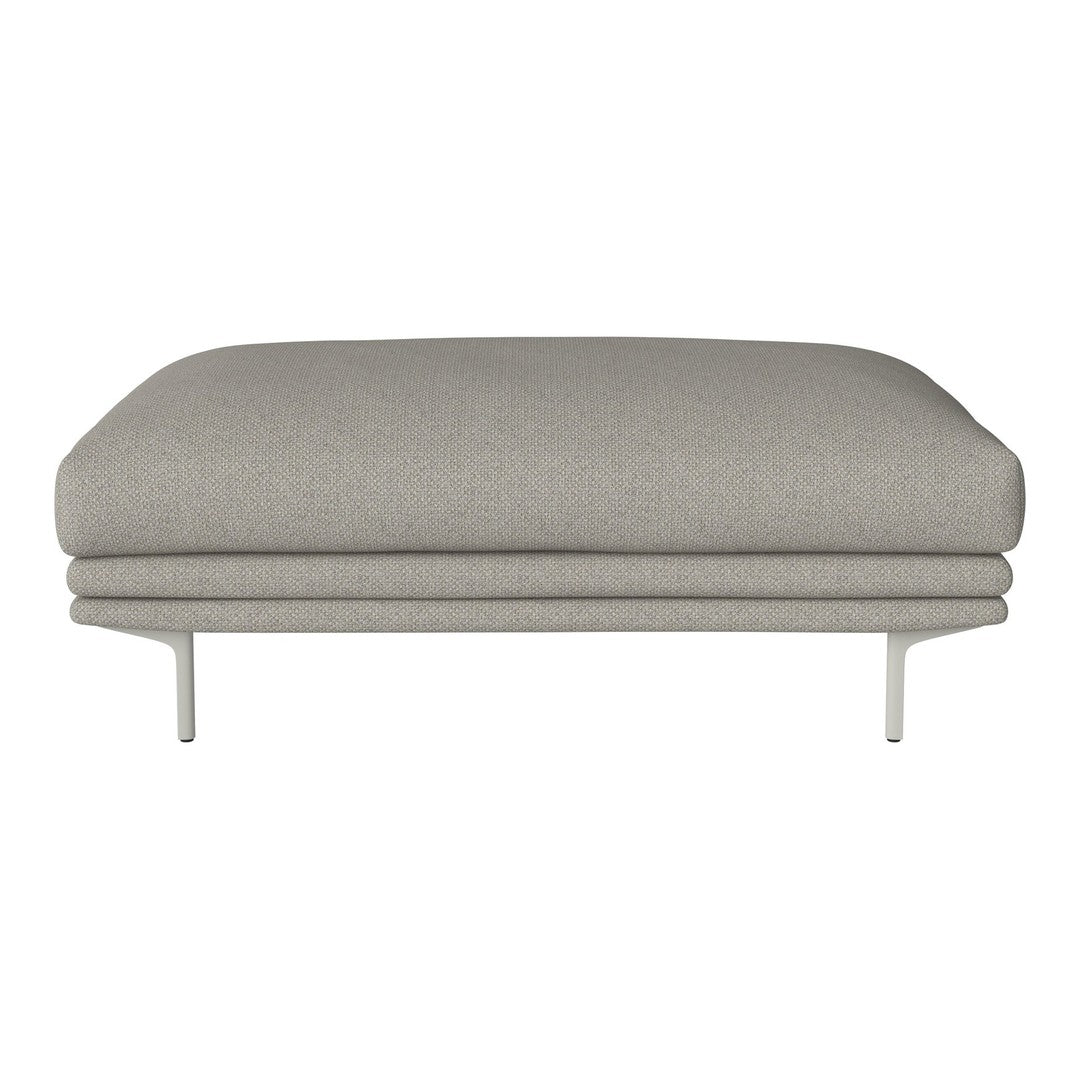 Light gray upholstered ottoman with a smooth texture and sleek, minimalist metal legs. Ideal for modern decor.
