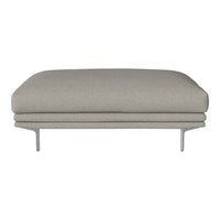 Light gray upholstered ottoman with a smooth, minimalist design and sleek silver legs. Ideal for modern decor.