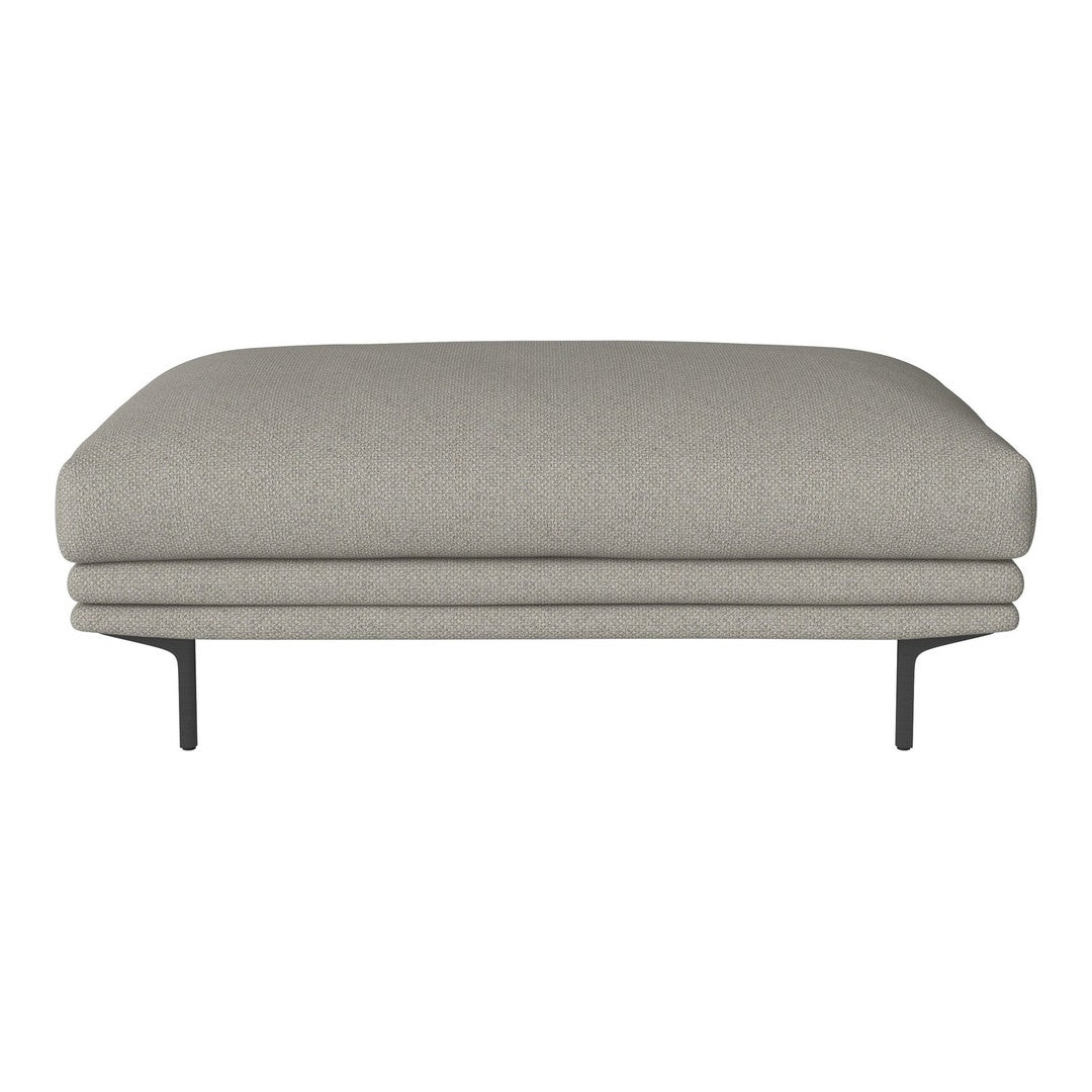 Light gray upholstered ottoman with clean lines and black metal legs, featuring a smooth, minimalist design.
