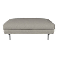 Light gray upholstered ottoman with clean lines and black metal legs, featuring a smooth, minimalist design.