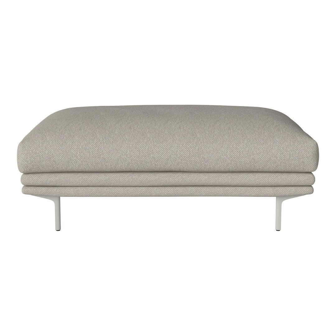 Light beige upholstered ottoman with a smooth texture and minimalist design, featuring sleek metal legs.