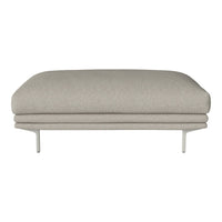 Light beige upholstered ottoman with a smooth texture and minimalist design, featuring sleek metal legs.