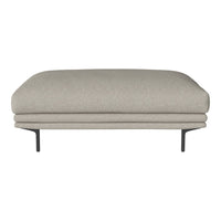Light beige upholstered ottoman with smooth texture and minimalist black metal legs. Perfect for modern decor.