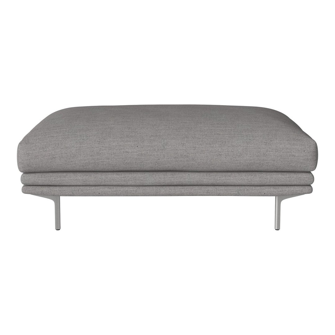 "Soft gray upholstered ottoman with smooth texture and minimalist design."