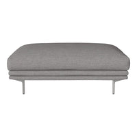 "Soft gray upholstered ottoman with smooth texture and minimalist design."