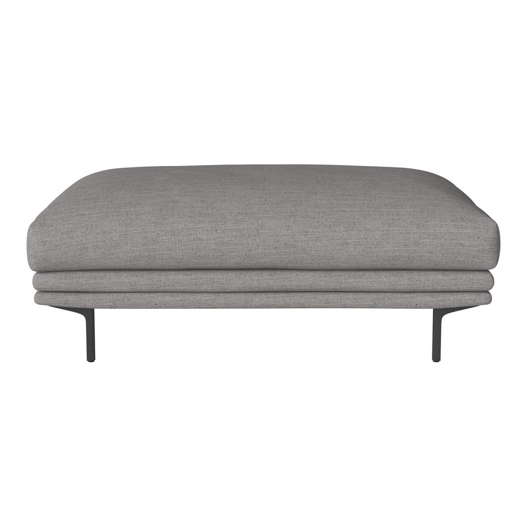 Grey upholstered ottoman with a smooth fabric texture and sleek black metal legs. Ideal for modern decor.