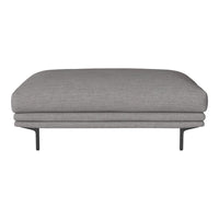 Grey upholstered ottoman with a smooth fabric texture and sleek black metal legs. Ideal for modern decor.