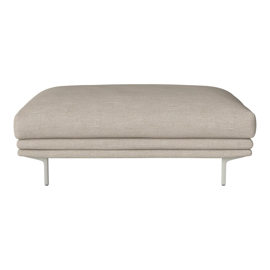 Neutral beige ottoman with a smooth texture and minimalist design, featuring sleek metallic legs.