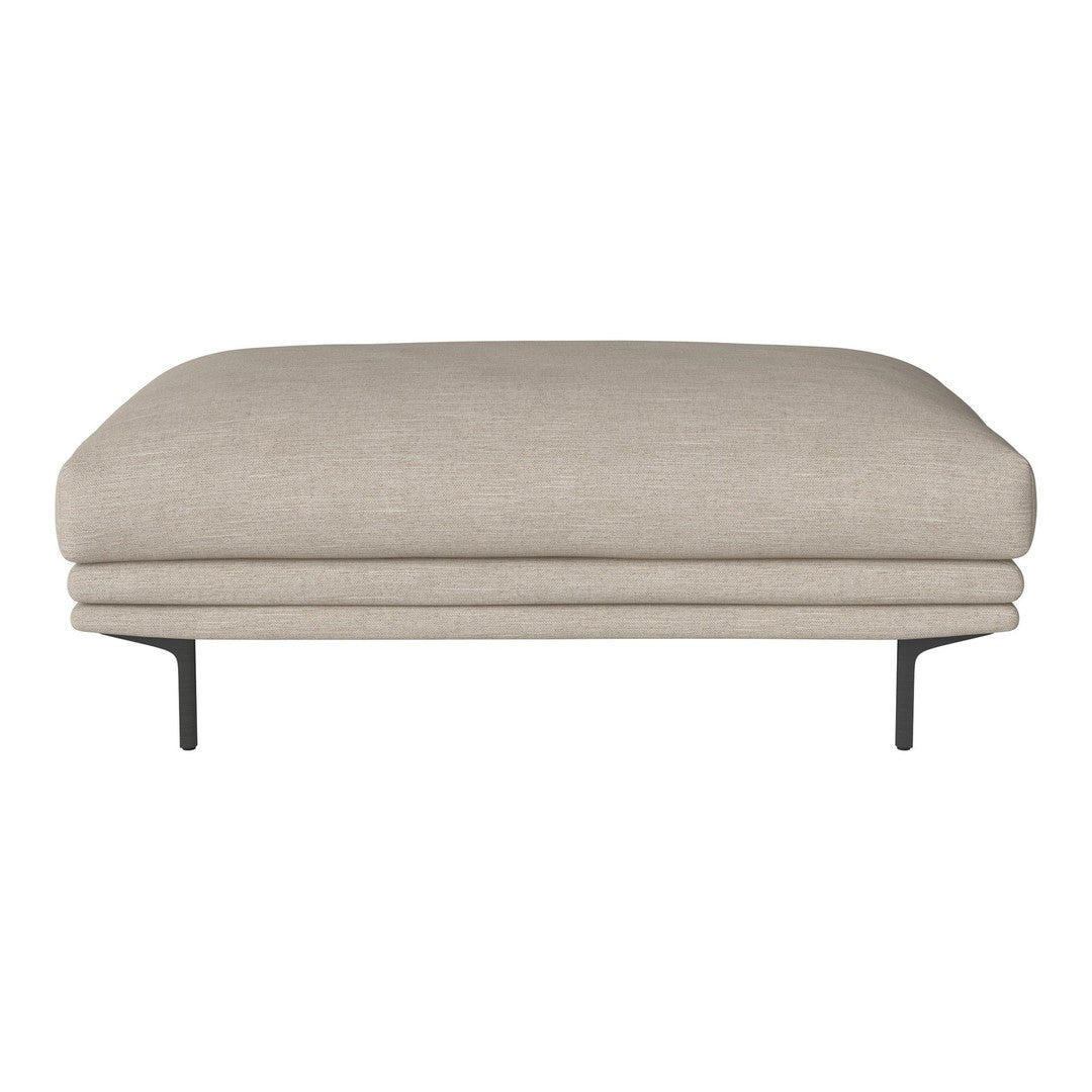 Beige upholstered ottoman with a smooth, minimalist design and sleek black metal legs. Perfect for any modern decor.