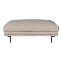 Beige upholstered ottoman with a smooth, minimalist design and sleek black metal legs. Perfect for any modern decor.