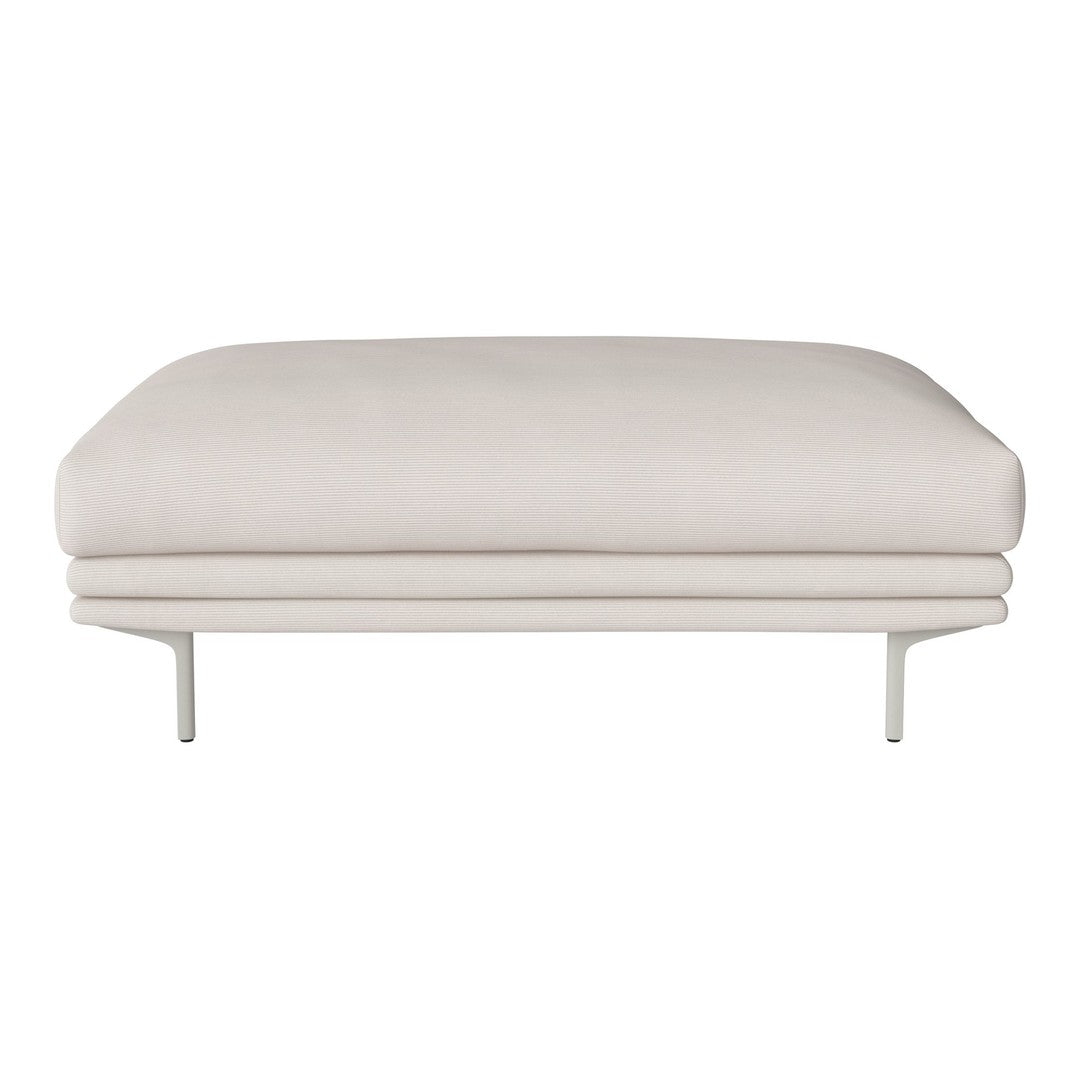 Light beige upholstered ottoman with a smooth surface and minimalist design, featuring sleek metal legs.
