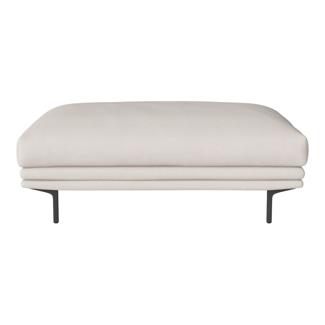 Beige upholstered ottoman with a smooth texture and sleek black metal legs. Ideal for modern decor.