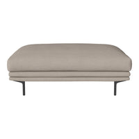Beige upholstered sofa with a smooth, textured surface and sleek black metal legs, minimalist design.