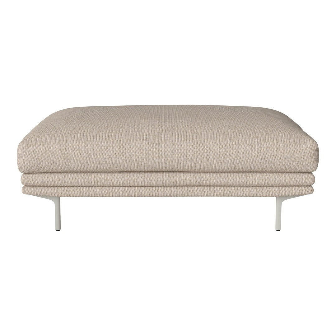 Beige ottoman with a subtle textured pattern and sleek metal legs, perfect for modern decor.