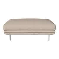 Beige ottoman with a subtle textured pattern and sleek metal legs, perfect for modern decor.