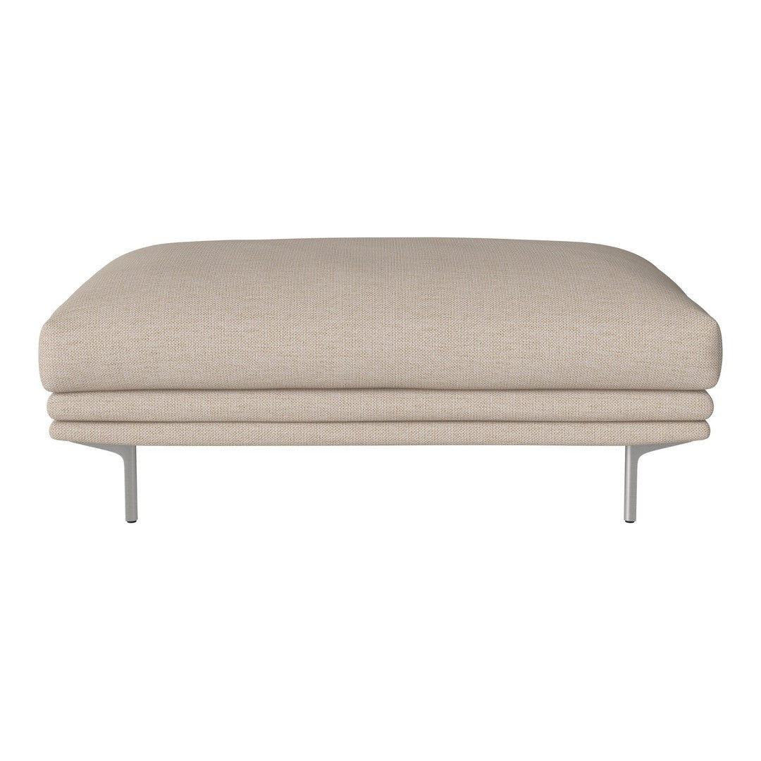 Beige upholstered ottoman with subtle textured pattern and sleek silver legs, perfect for modern living spaces.