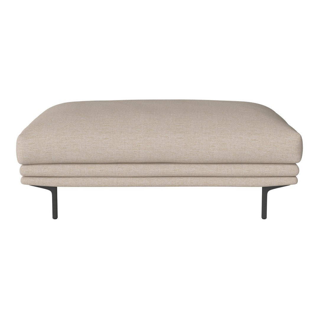Beige upholstered ottoman with subtle textured pattern and sleek black metal legs. Perfect for modern interiors.