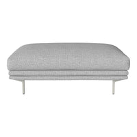 Light gray upholstered ottoman with subtle textured pattern and sleek metal legs. Perfect for modern living spaces.
