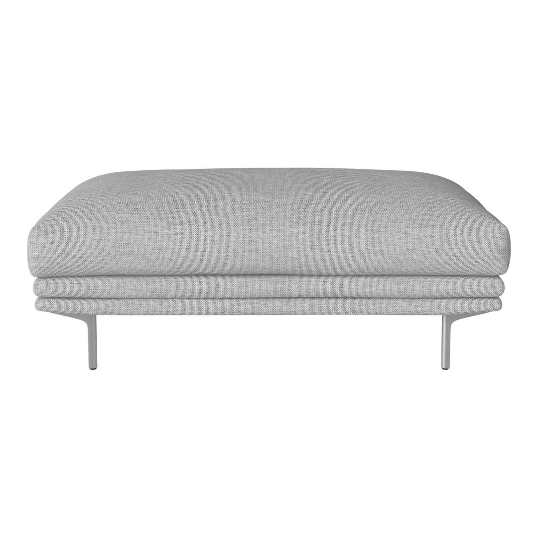 Gray upholstered ottoman with textured pattern and sleek silver legs for modern decor.
