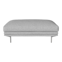 Gray upholstered ottoman with textured pattern and sleek silver legs for modern decor.
