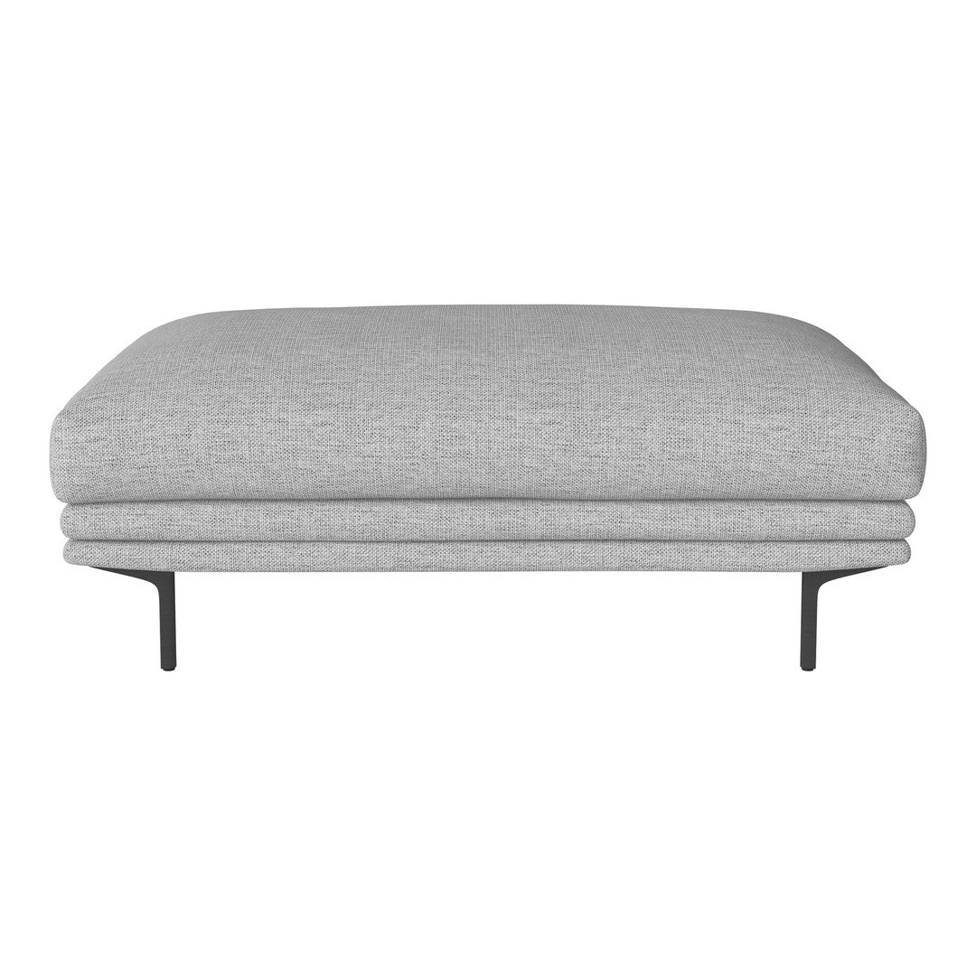 Light gray upholstered ottoman with subtle texture and sleek black legs. Perfect for modern decor.