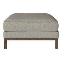 Gray upholstered ottoman with a subtle textured pattern and a wooden base. Ideal for modern home decor.