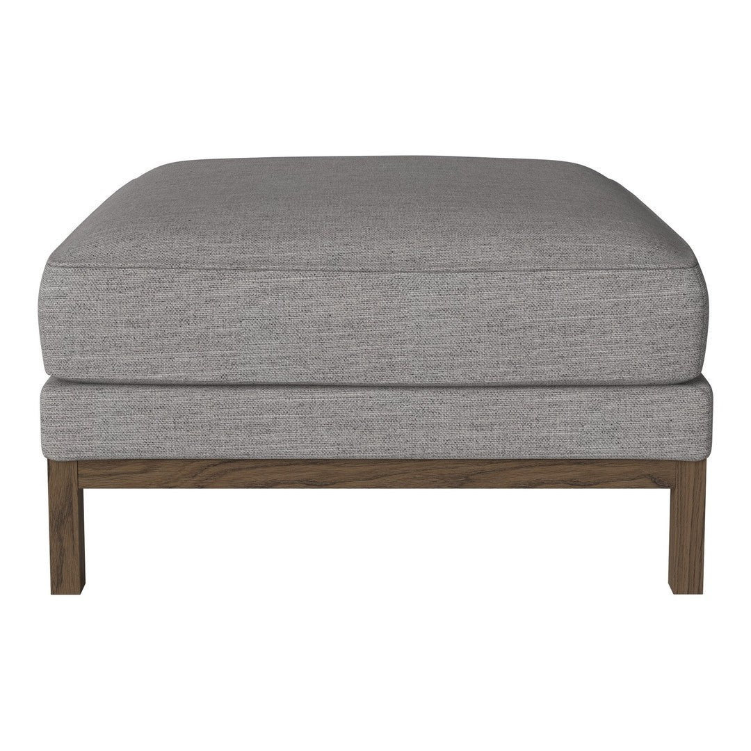 Gray upholstered ottoman with a textured finish and a wooden base, perfect for modern decor.