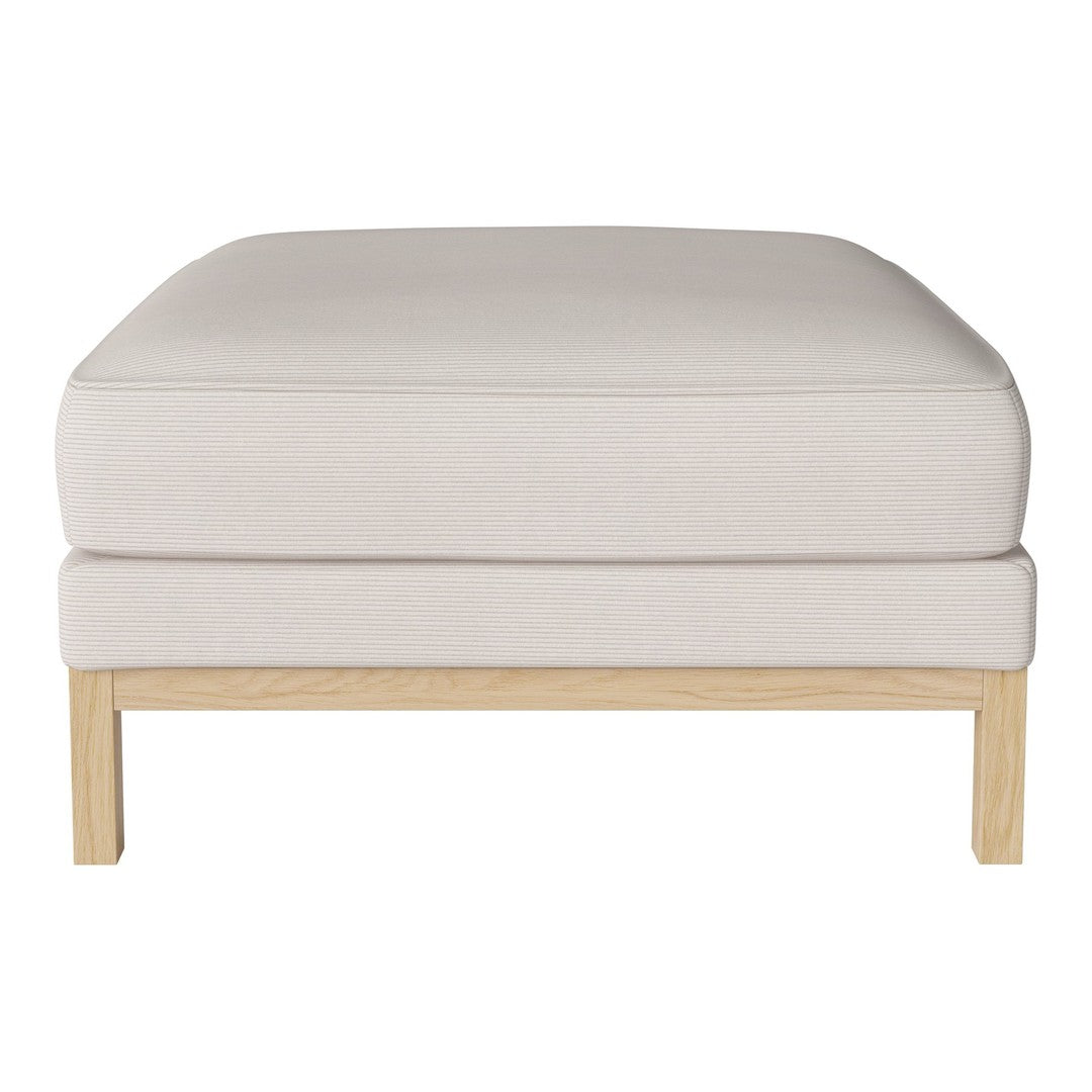 Light beige cushioned ottoman with a minimalist design and natural wood legs. Perfect for modern living spaces.