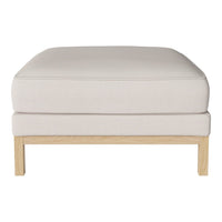 Light beige cushioned ottoman with a minimalist design and natural wood legs. Perfect for modern living spaces.