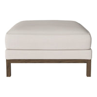 Cream ottoman with a smooth, solid surface and a contrasting dark wood frame. Ideal for modern decor.